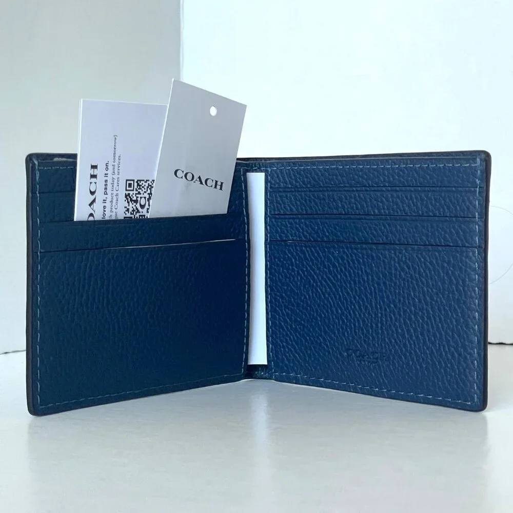Coach Slim Billfold Wallet Deep Blue Graphic Pebbled Leather Mens CZ062